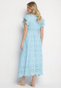 Born2be - Niebieska Ażurowa Sukienka z Kopertowym Dekoltem i Bufiastymi Rękawami Ldivane. Okazja: na co dzień, na imprezę. Kolor: niebieski. Wzór: ażurowy. Sezon: lato. Typ sukienki: kopertowe. Styl: casual #5