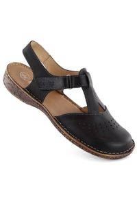 Skórzane komfortowe sandały damskie pełne czarne Helios 128.011. Kolor: czarny. Materiał: skóra