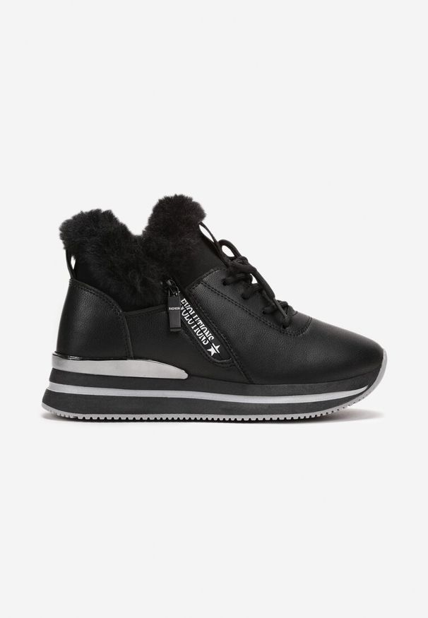 Born2be - Czarne Botki Sneakersy na Grubej Podeszwie z Futerkiem Biqilee. Kolor: czarny. Materiał: futro