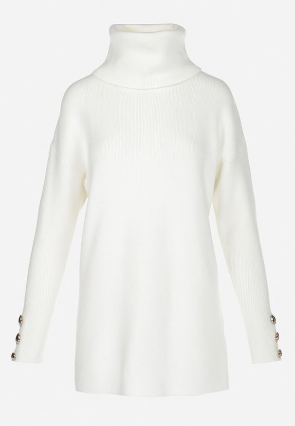 Born2be - Biały Golf Dzianinowy z Długim Rękawem i Guzikami Cihn. Typ kołnierza: golf. Kolor: biały. Materiał: dzianina. Długość rękawa: długi rękaw. Długość: długie. Sezon: zima, jesień. Styl: klasyczny