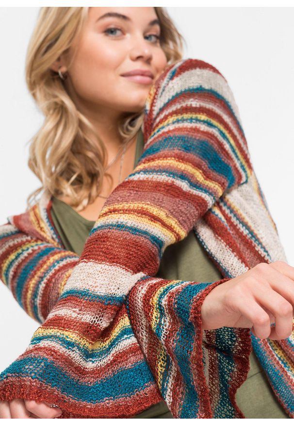 bonprix - Sweter bez zapięcia w paski. Kolor: czerwony. Wzór: paski