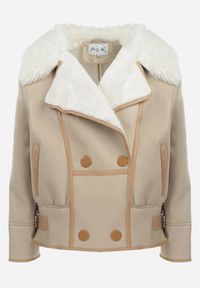 Born2be - Jasnobeżowa Kurtka Biker z Futerkiem Marisine. Okazja: na co dzień. Typ kołnierza: golf. Kolor: beżowy. Materiał: futro. Długość: krótkie. Wzór: aplikacja. Sezon: zima. Styl: casual #2