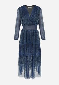 Born2be - Granatowa Sukienka Błyszcząca z Falbanami i Gumką w Pasie Limite. Okazja: na spacer, na spotkanie biznesowe, na co dzień. Typ kołnierza: dekolt w kształcie V, dekolt kopertowy. Kolor: niebieski. Wzór: aplikacja. Typ sukienki: kopertowe. Styl: casual, biznesowy #2