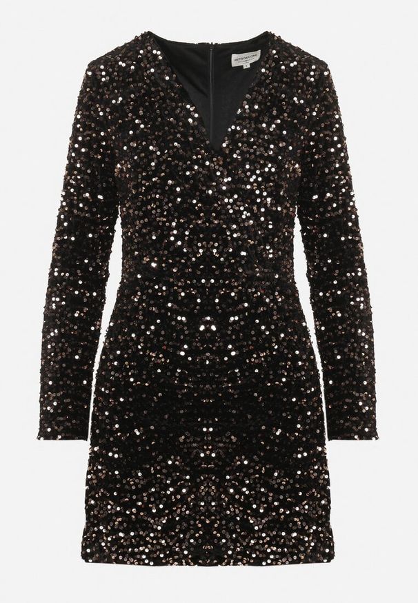 Born2be - Złoto-Czarna Kopertowa Sukienka z Cekinami o Dopasowanym Kroju Bonilena. Kolor: złoty. Wzór: aplikacja. Typ sukienki: kopertowe