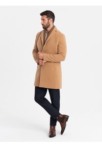 Ombre Clothing - Jednorzędowy długi męski płaszcz w stylu garniturowym – jasnobrązowy V3 - Rozmiar: XXL. Kolor: brązowy. Materiał: tkanina, poliester, materiał. Długość: długie. Wzór: jednolity. Styl: elegancki #4