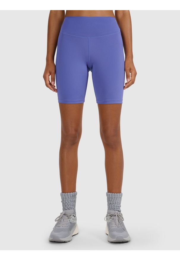 4f - 4F Legginsy kolarki treningowe damskie - granatowe M. Stan: podwyższony. Kolor: niebieski. Materiał: dzianina, elastan, włókno, syntetyk, materiał. Długość: krótkie. Wzór: gładki, ze splotem. Sport: fitness