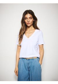 Reserved - T-shirt regular z dekoltem V - biały. Kolor: biały. Materiał: dzianina, bawełna