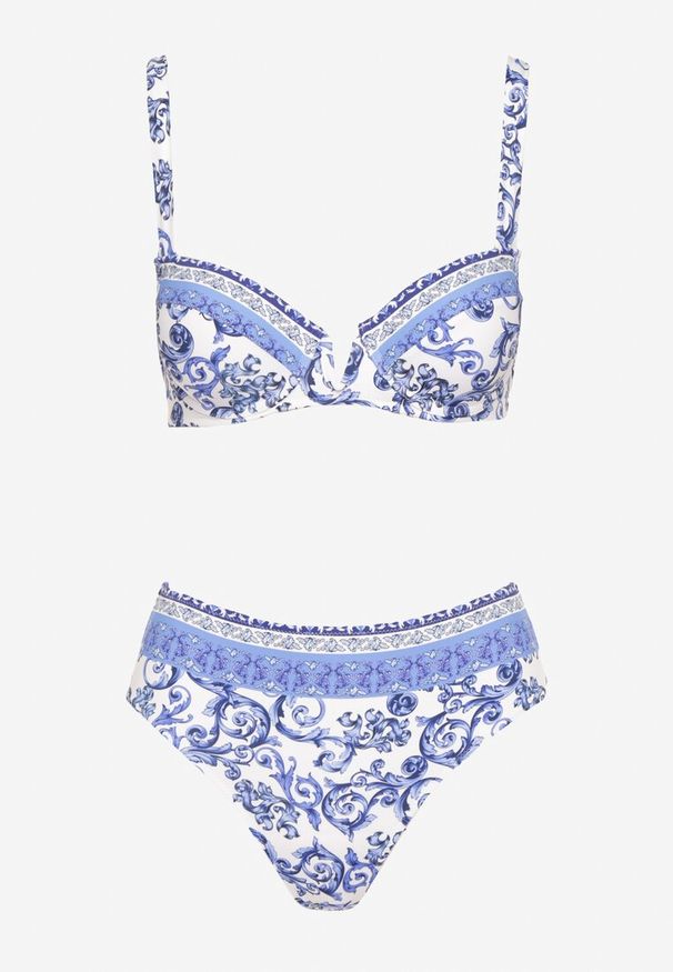 Renee - Niebieskie Bikini Zdobione Ornamentalnym Printem Biustonosz i Figi Mirulea. Kolor: niebieski. Wzór: aplikacja, nadruk