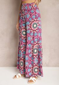 Renee - Różowo-Niebieskie Spodnie Typu Palazzo z Wiskozy High Waist z Gumką w Pasie Bistalia. Okazja: na co dzień. Stan: podwyższony. Kolor: różowy. Materiał: wiskoza. Długość: długie. Styl: casual, wizytowy #3