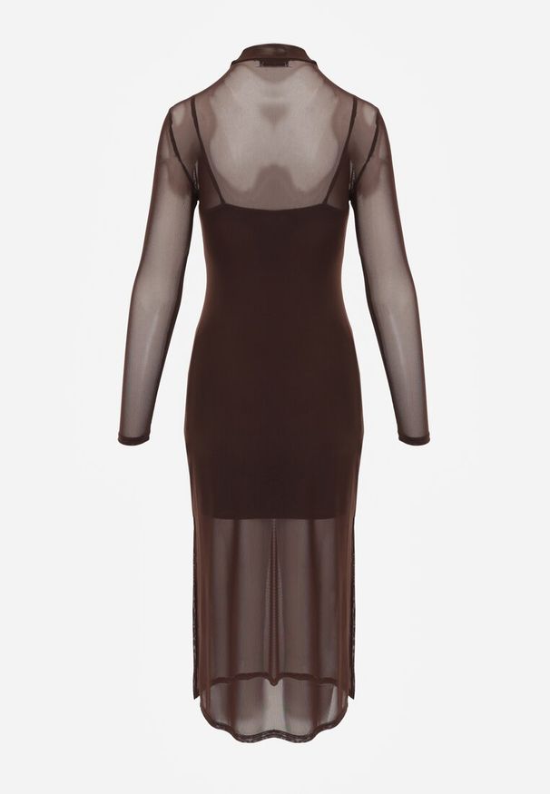 Renee - Brązowa Prześwitująca Sukienka Dzianinowa Midi z Halką Bavina. Kolor: brązowy. Materiał: dzianina. Długość rękawa: na ramiączkach. Typ sukienki: dopasowane. Styl: elegancki. Długość: midi