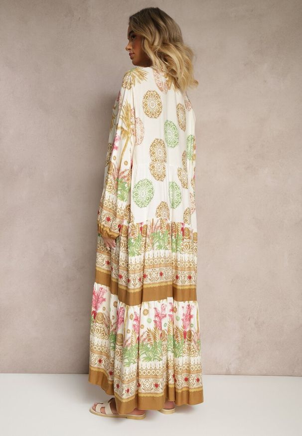 Renee - Beżowa Sukienka z Wiskozy Rozkloszowana w Print Boho Aedia. Okazja: na co dzień. Typ kołnierza: dekolt w serek. Kolor: beżowy. Materiał: wiskoza. Wzór: nadruk. Styl: boho