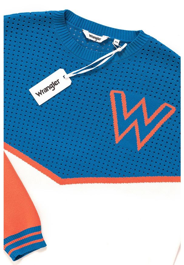 Wrangler - DAMSKI SWETER WRANGLER POINTELLE KNIT DEEP WATER W8106PXDF 112132223. Wzór: ażurowy, aplikacja. Styl: retro, sportowy