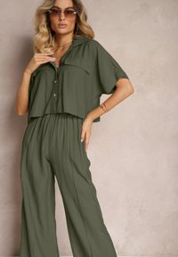 Renee - Ciemnozielony 2-Częściowy Komplet z Wiskozy Koszula o Luźnym Kroju Szerokie Spodnie Velvitela. Kolor: zielony. Materiał: wiskoza. Wzór: bez wzorów #1