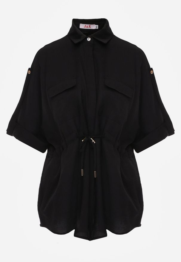 Born2be - Czarna Nietoperzowa Koszula Safari z Bawełną z Wiązaniem w Talii Tierona. Okazja: do pracy, na co dzień, na spotkanie biznesowe. Kolor: czarny. Materiał: bawełna. Długość: długie. Styl: biznesowy, casual