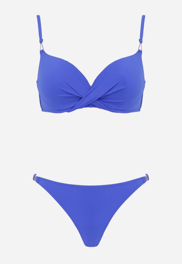 Born2be - Niebieskie Bikini z Marszczonym Biustonoszem i Figami Kąpielowymi z Cyrkoniami Kaliasa. Kolekcja: plus size. Kolor: niebieski. Długość: długie. Wzór: aplikacja