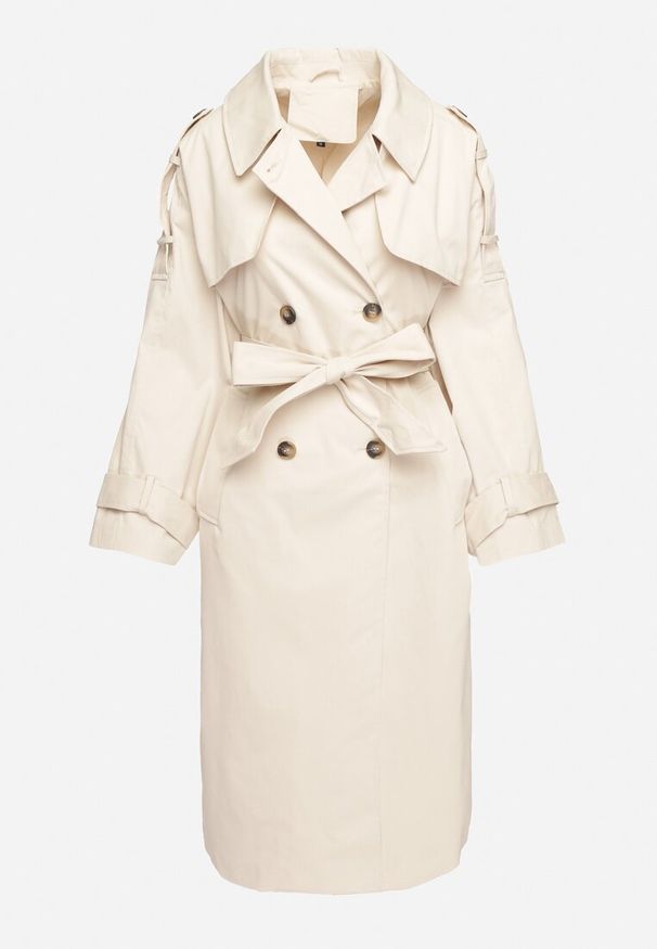 Born2be - Beżowy Dwurzędowy Płaszcz Trencz z Wiązanym Paskiem Rozcięciem i Klapą Terezi. Okazja: na co dzień. Kolor: beżowy. Materiał: jeans. Styl: elegancki, casual, klasyczny