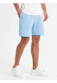 Ombre Clothing - Szorty dresowe unisex ze ściągaczem w pasie – błękitne V8 OU-SRBC-0101 - XL/XXL. Kolor: niebieski. Materiał: dresówka. Wzór: aplikacja. Styl: sportowy