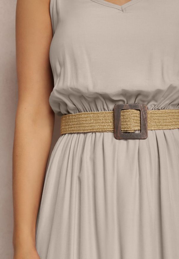 Renee - Beżowa Sukienka z Paskiem Auxonia. Okazja: na co dzień. Kolor: beżowy. Długość rękawa: na ramiączkach. Wzór: aplikacja, gładki. Sezon: lato. Typ sukienki: proste. Styl: casual, wakacyjny. Długość: maxi