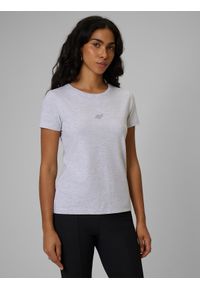 4f - 4F T-shirt slim gładki damski - szary L. Okazja: na co dzień. Kolor: szary. Materiał: materiał. Wzór: gładki. Styl: casual, sportowy #1
