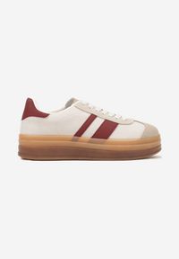Renee - Beżowo-Bordowe Sneakersy na Płaskiej Podeszwie z Ozdobnymi Paskami Velali. Okazja: na co dzień. Zapięcie: pasek. Kolor: beżowy. Materiał: jeans. Wzór: paski. Obcas: na płaskiej podeszwie #3