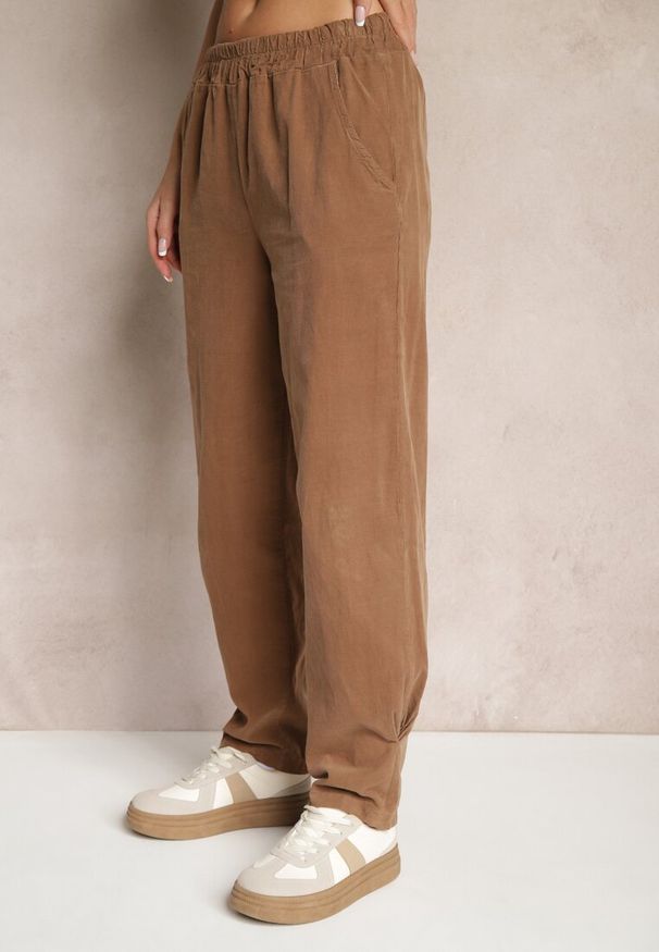 Renee - Brązowe Spodnie z Bawełny High Waist Galili. Okazja: na co dzień. Stan: podwyższony. Kolor: brązowy. Materiał: bawełna. Styl: klasyczny, casual, elegancki