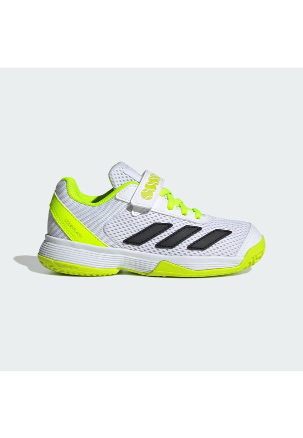 Adidas - Tenisowe buty z paskami na rzepy dla dzieci Courtflash. Zapięcie: rzepy. Kolor: czarny, biały, wielokolorowy, żółty. Sport: tenis