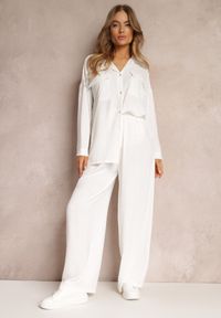 Renee - Biały 2-częsciowy Komplet Casual z Szerokimi Spodniami i Koszulą Oversize Hyparissa. Kolor: biały