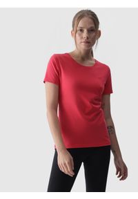 4f - T-shirt slim gładki damski - czerwony. Okazja: na co dzień. Kolor: czerwony. Materiał: jersey, dzianina, bawełna, elastan, materiał. Wzór: gładki. Styl: sportowy, casual #1