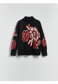 Reserved - Wzorzysty sweter z wełną - czarny. Kolor: czarny. Materiał: wełna