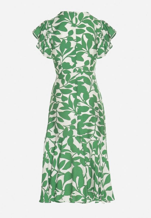 Born2be - Jasnozielona Rozkloszowana Sukienka z Wiązaniem w Roślinny Wzór Janitaie. Okazja: na co dzień. Typ kołnierza: dekolt w serek. Kolor: zielony. Materiał: jeans. Długość rękawa: krótki rękaw. Styl: casual, klasyczny, elegancki
