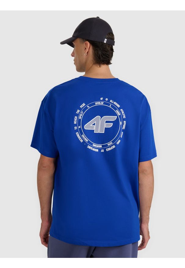 4f - 4F T-shirt oversize z nadrukiem męski - niebieski L. Okazja: na co dzień. Kolor: niebieski. Materiał: bawełna. Długość: długie. Wzór: nadruk. Styl: casual