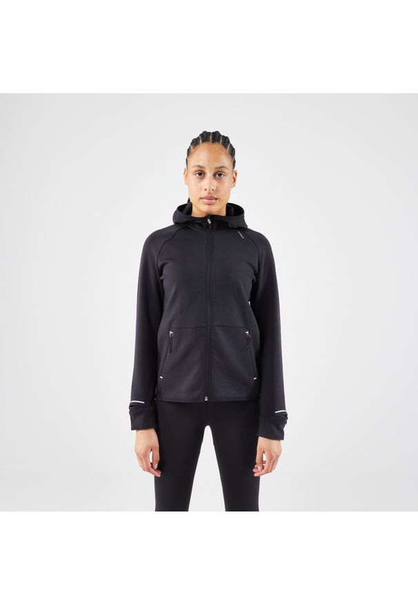 KIPRUN - Bluza do biegania damska Kiprun Run 500 Warm ocieplana. Kolor: czarny. Materiał: materiał, poliester, lyocell, elastan. Sport: bieganie