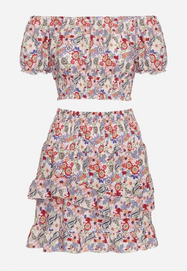 Born2be - Biało-Czerwony Komplet 2-Częściowy Bluzka Typu Hiszpanka Spódnica z Falbanką i Gumką w Talii Dimonna. Kolor: biały