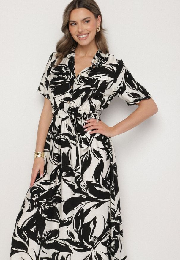 Born2be - Czarna Wiskozowa Sukienka o Koszulowym Kroju z Wiązanym Paskiem Uloanna. Okazja: na co dzień. Kolor: czarny. Materiał: wiskoza. Długość rękawa: krótki rękaw. Wzór: aplikacja. Typ sukienki: koszulowe. Styl: klasyczny, casual, elegancki