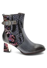 Niebieskie Botki Laura Vita Gustowne Buty Na Obcasie. Zapięcie: sprzączka. Kolor: niebieski. Materiał: skóra. Wzór: kwiaty, aplikacja. Obcas: na obcasie. Styl: elegancki. Wysokość obcasa: średni #6