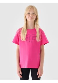 4f - T-shirt z nadrukiem dziewczęcy - różowy. Okazja: na co dzień. Kolor: różowy. Materiał: bawełna, jersey, dzianina. Długość rękawa: krótki rękaw. Długość: krótkie. Wzór: nadruk. Sezon: lato. Styl: sportowy, casual, klasyczny