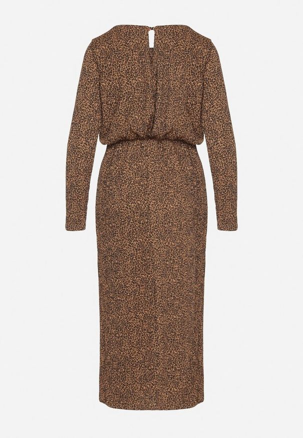 Born2be - Panterkowa Sukienka z Gumką w Pasie i Ołówkowym Dołem z Rozcięciem Zenita. Okazja: na co dzień. Materiał: jeans. Długość rękawa: długi rękaw. Typ sukienki: ołówkowe. Styl: casual, elegancki