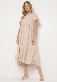 Born2be - Jasnobeżowa Sukienka o Rozkloszowanym Kroju z Wiskozą Filastia. Okazja: na co dzień. Typ kołnierza: dekolt w kształcie V. Kolor: beżowy. Materiał: wiskoza. Długość rękawa: krótki rękaw. Typ sukienki: rozkloszowane. Styl: klasyczny, casual, elegancki #2