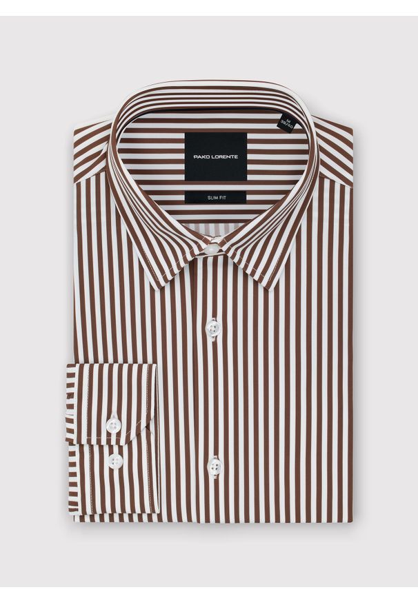 Pako Lorente - PAKO LORENTE - Brązowa koszula męska w prążek. Kolor: brązowy. Materiał: elastan, nylon. Długość rękawa: długi rękaw. Długość: długie. Wzór: prążki. Sezon: wiosna