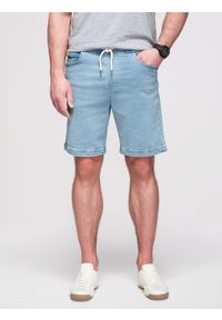 Ombre Clothing - Szorty męskie z gumką w pasie i efektem sprania – jasnoniebieskie V1 - Rozmiar: XXL. Okazja: na co dzień. Kolor: niebieski. Materiał: denim, materiał, skóra, bawełna, elastan. Sezon: lato. Styl: elegancki, casual