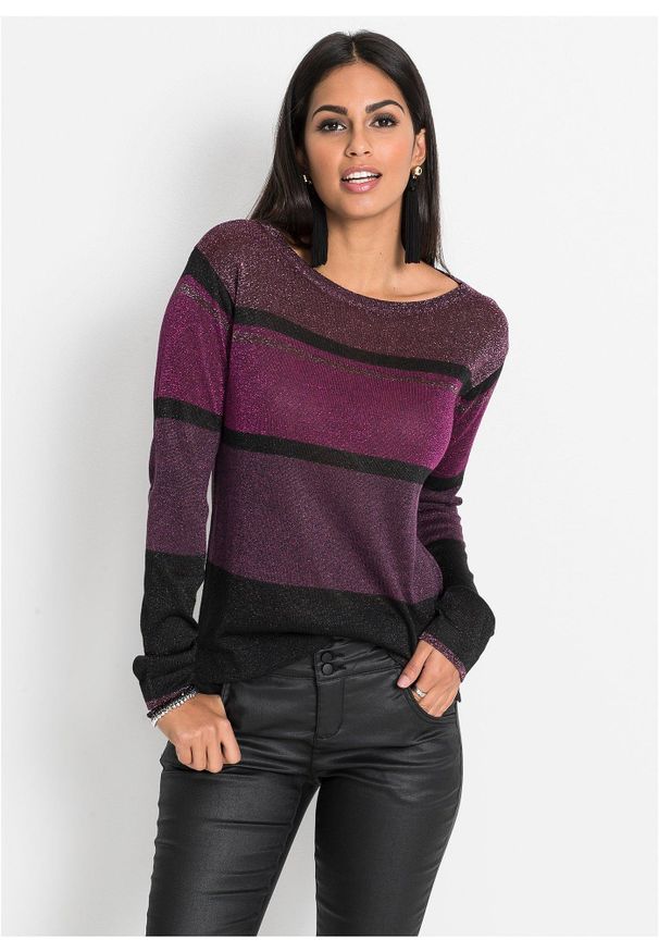 bonprix - Cienki sweter z mieszanki wiskozy. Kolor: fioletowy. Materiał: wiskoza. Wzór: paski