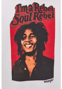 Wrangler Bluza bawełniana x Bob Marley męska kolor biały z nadrukiem. Okazja: na co dzień. Kolor: biały. Materiał: bawełna. Wzór: nadruk. Styl: casual #2