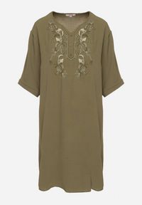 Born2be - Ciemnozielona Sukienka Pudełkowa z Guzikami i Ozdobnymi Haftami Jenivanea. Okazja: na co dzień. Typ kołnierza: dekolt w serek. Kolor: zielony. Materiał: skóra. Długość rękawa: długi rękaw. Wzór: haft. Styl: elegancki, casual #6