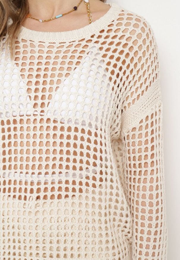 Born2be - Beżowa Ażurowa Bluzka z Szydełkowej Dzianiny Zavara. Okazja: na co dzień. Kolor: beżowy. Materiał: dzianina. Wzór: ażurowy. Styl: elegancki, casual