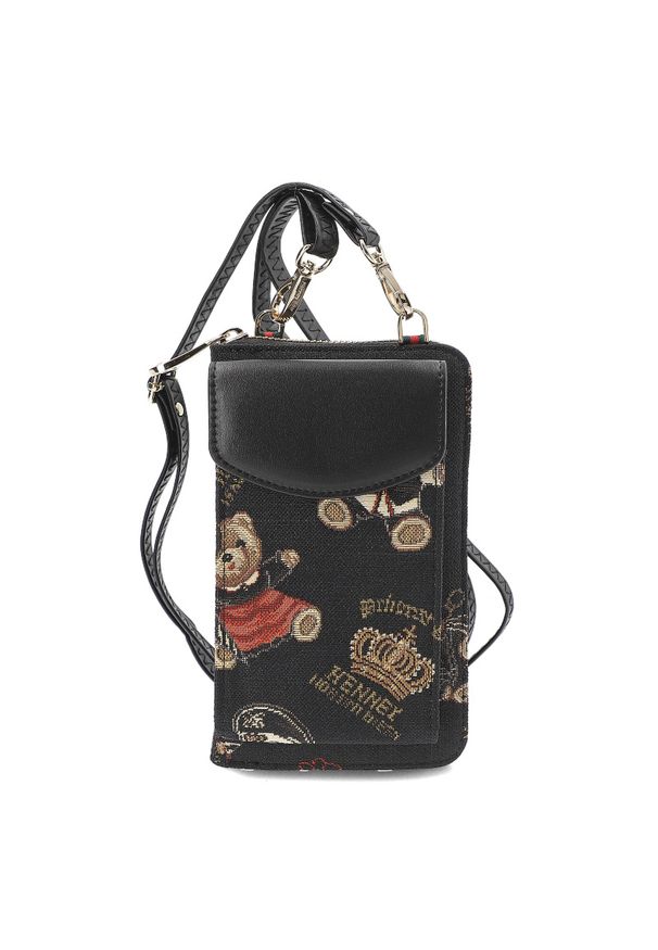 Czarny Portfel Damski Torebka Na Telefon Henney Bear London. Kolor: czarny. Wzór: aplikacja, kolorowy. Materiał: zdobione. Styl: elegancki, casual. Rodzaj torebki: na ramię