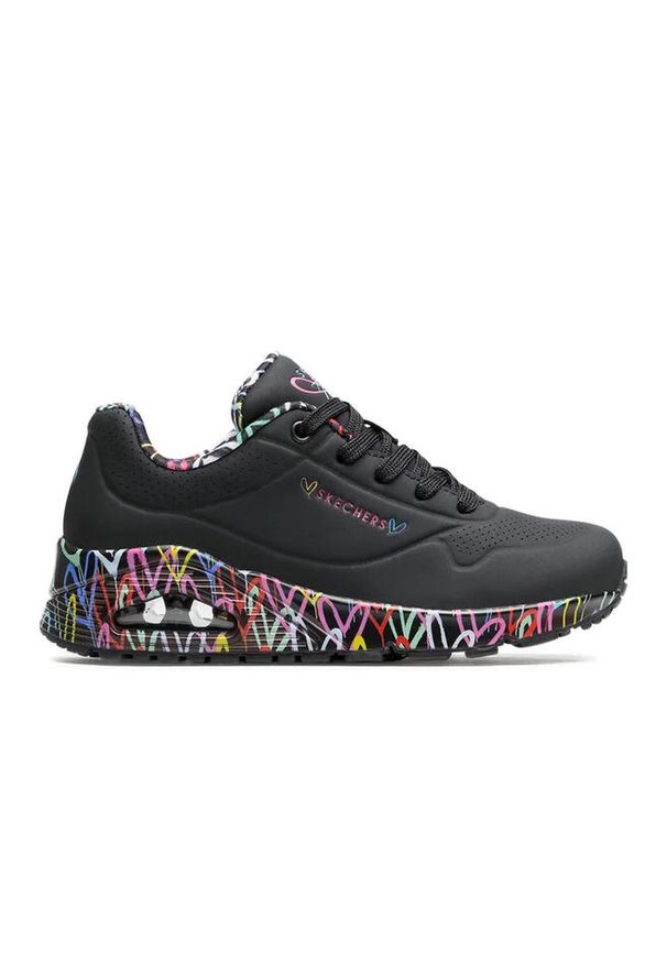 skechers - Buty na co dzień damskie SKECHERS UNO LOVING LOVE. Okazja: na co dzień. Zapięcie: sznurówki. Kolor: czarny. Materiał: syntetyk, materiał. Szerokość cholewki: normalna. Wzór: aplikacja. Model: Skechers Sport. Sport: turystyka piesza