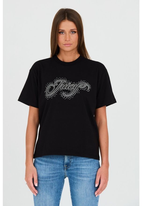 Juicy Couture - JUICY COUTURE Czarny damski t-shirt Boyfriend Scatter Diamante, Rozmiar S. Kolor: czarny