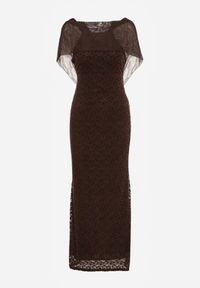 Renee - Brązowa Sukienka o Asymetrycznym Kroju Ozdobiona Falbaną Owedia. Kolor: brązowy. Materiał: poliester. Wzór: aplikacja. Typ sukienki: asymetryczne. Styl: elegancki #6