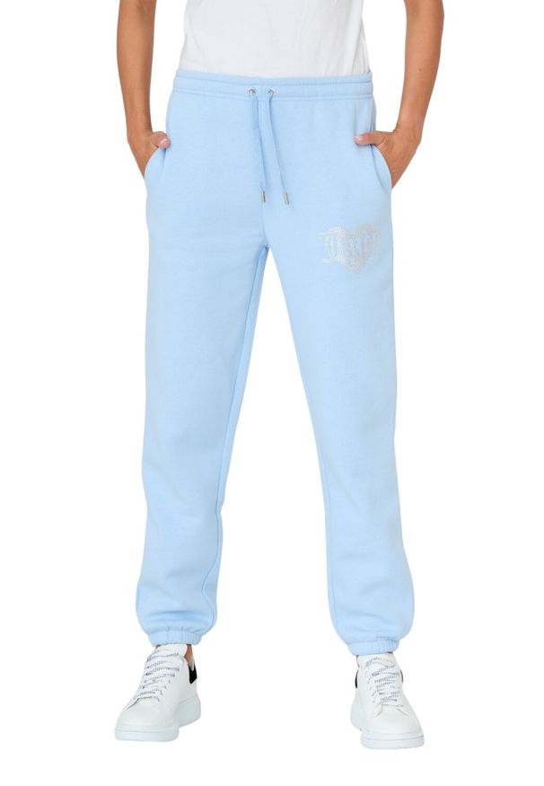 Juicy Couture - JUICY COUTURE Błękitne damskie spodnie Heart Diamante, Rozmiar XS. Kolor: niebieski. Materiał: skóra, poliester, bawełna. Wzór: aplikacja