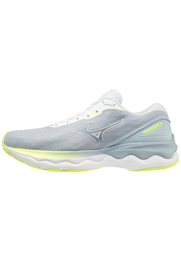 Buty do biegania damskie Mizuno Wave Skyrise 3. Zapięcie: sznurówki. Kolor: biały, wielokolorowy, żółty, niebieski, szary. Materiał: guma, syntetyk, materiał. Szerokość cholewki: normalna. Model: Mizuno Wave